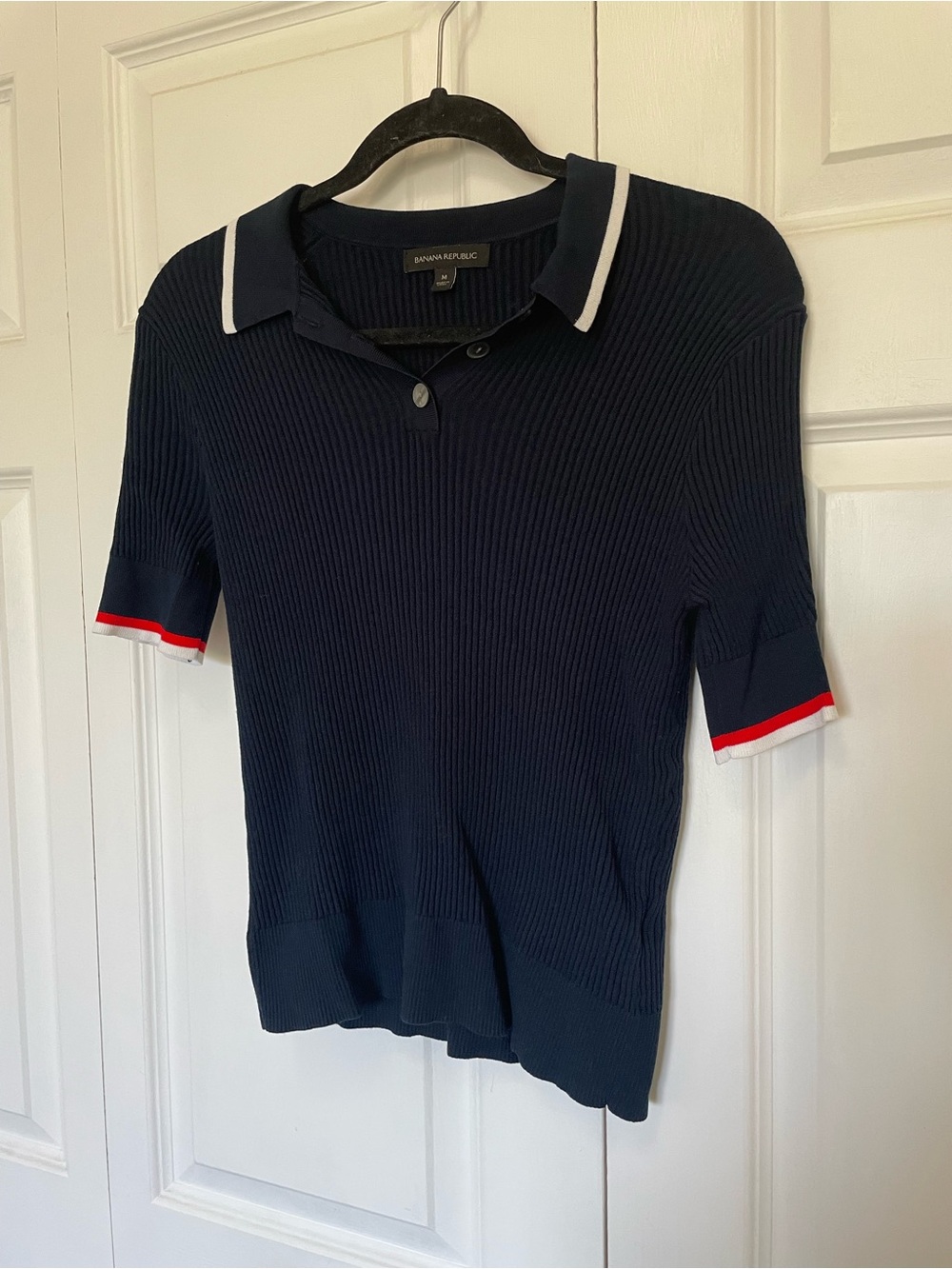 Banana Republic Navy Ribbed Top with Collar With Red and White Accents